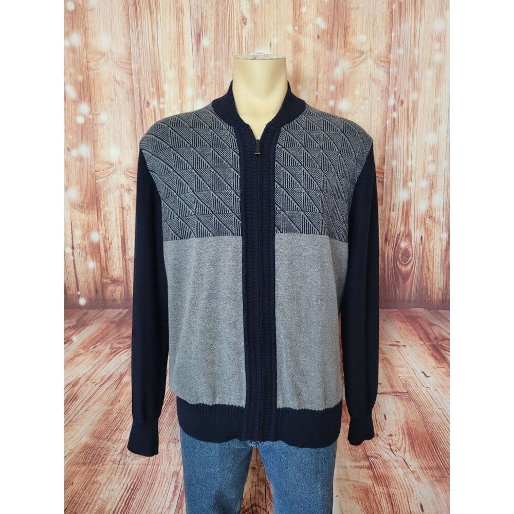 Sean John Men Sweater Full Zip Cardigan Navy Blue Gray Long Sleeve Size L - Picture 4 of 12